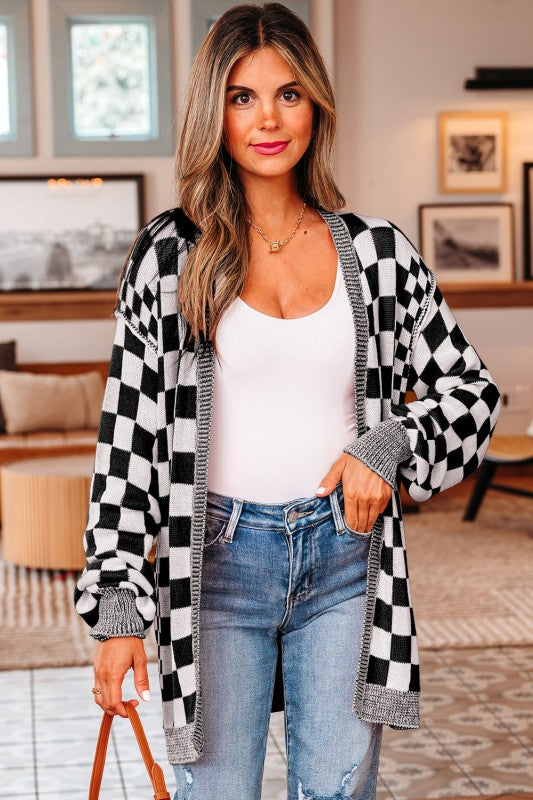 Checker Open Front Drop Shoulder Cardigan Shop Style & More | Fresh Looks, Everyday Deals & Free Shipping