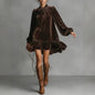 Women’s Bow-Tie Puff Sleeve Dress – Elegant Asymmetric Ruffle Hem Short Dress FitiqueFit