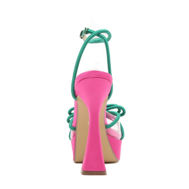 Bright Color-blocking Bow Thick-soled Buckle Chunky High Heels See size chart under “more details” The Fashion Celestial