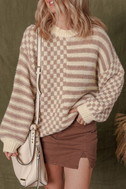 Stripe Checker Balloon Sleeve Sweater Shop Style & More | Fresh Looks, Everyday Deals & Free Shipping
