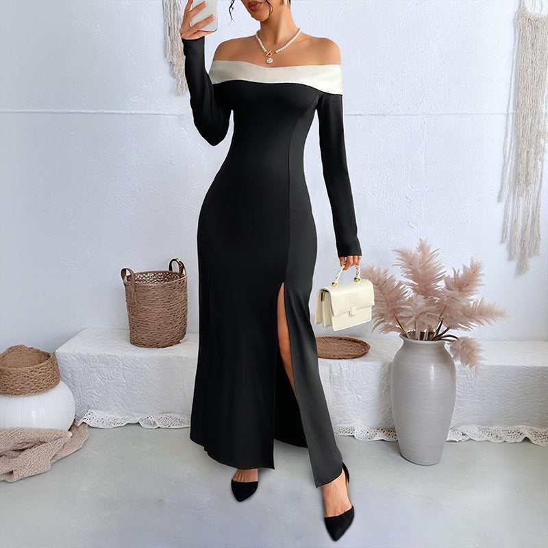 Female One Shoulder Patchwork Slim Long Dress Grayceful LLC