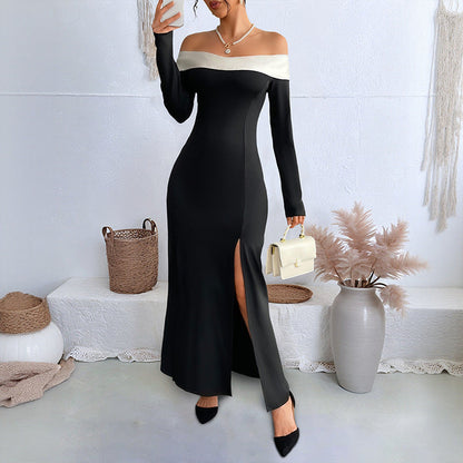 Female One Shoulder Patchwork Slim Long Dress Grayceful LLC