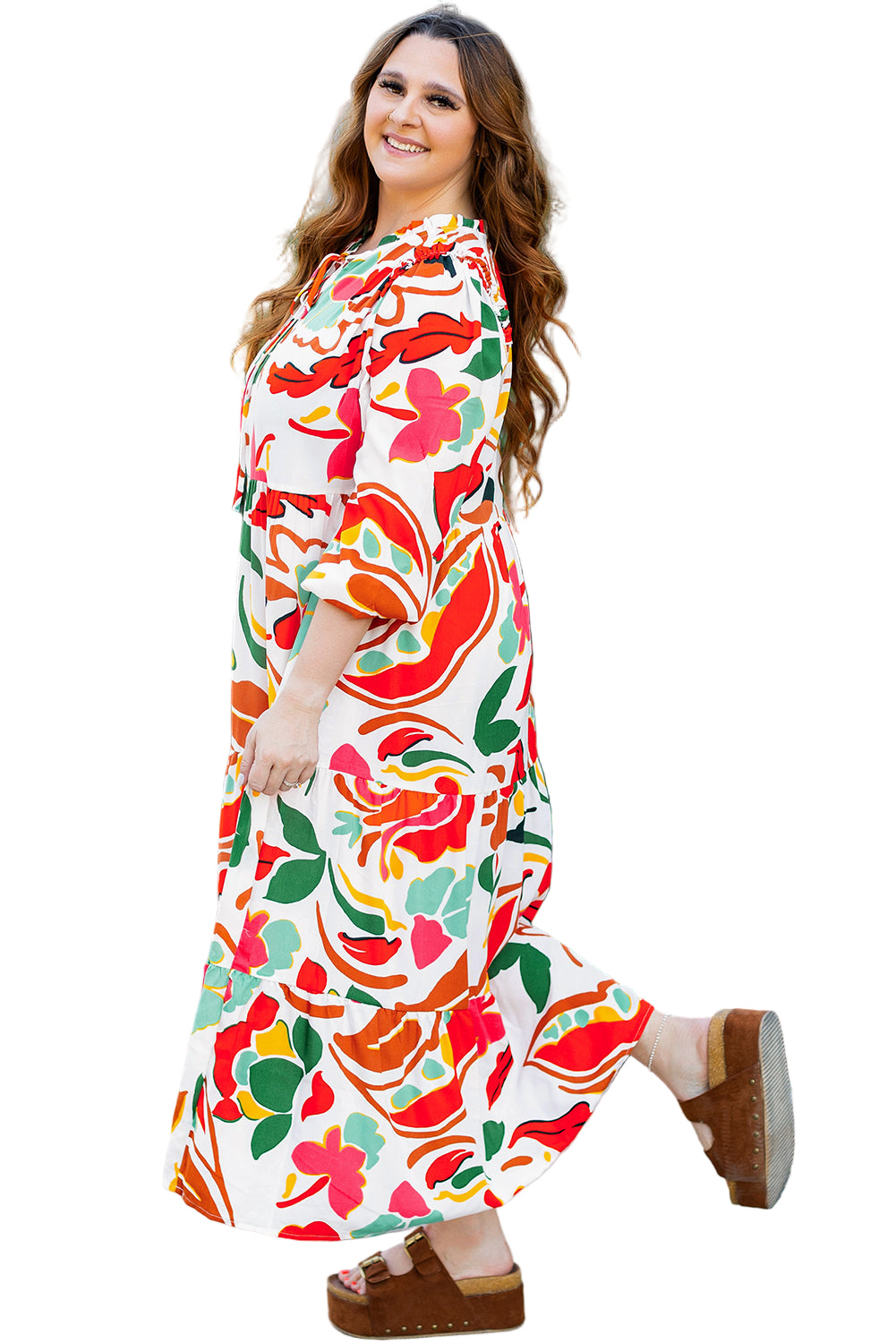 Orange Floral Print Drawstring V Neck Tiered Plus Size Dress Garden Naked Curves