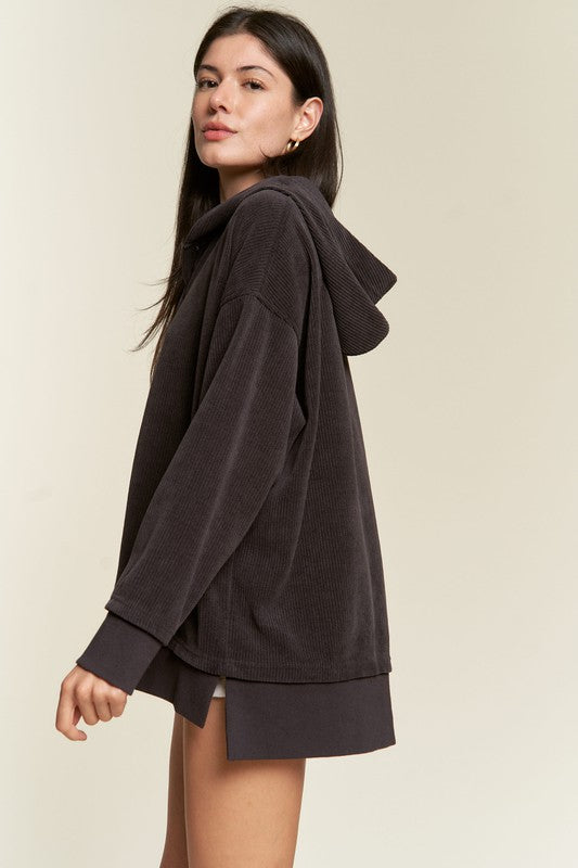 Long Sleeve Button Down Ribbed Hooded Sweatshirt Shop Style & More | Fresh Looks, Everyday Deals & Free Shipping