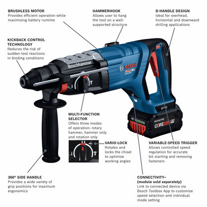 BOSCH GBH18V-28DCK24 18V Brushless Connected-Ready SDS-plus® Bulldog™ 1-1/8 In. Rotary Hammer Kit with (2) CORE18V 8.0 Ah PROFACTOR Performance Batteries VM Hardware