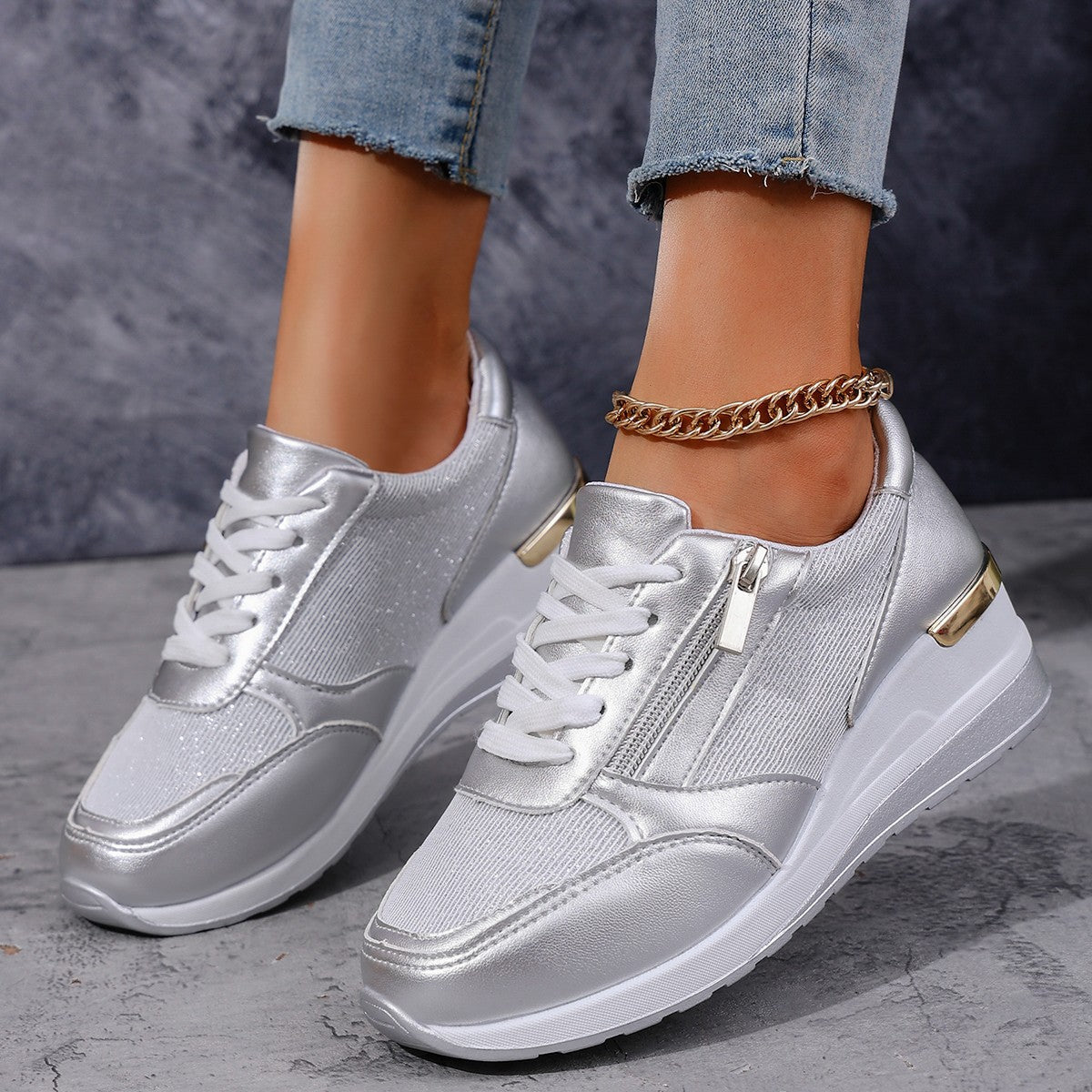 Metallic Lace-Up Side Zipper Thick-Sole Sneakers – 3 Colors EU 37–44 FitiqueFit
