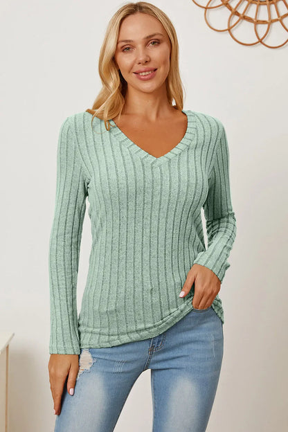 Basic Bae Full Size Ribbed V-Neck Long Sleeve T-Shirt New Era Fashion LLc