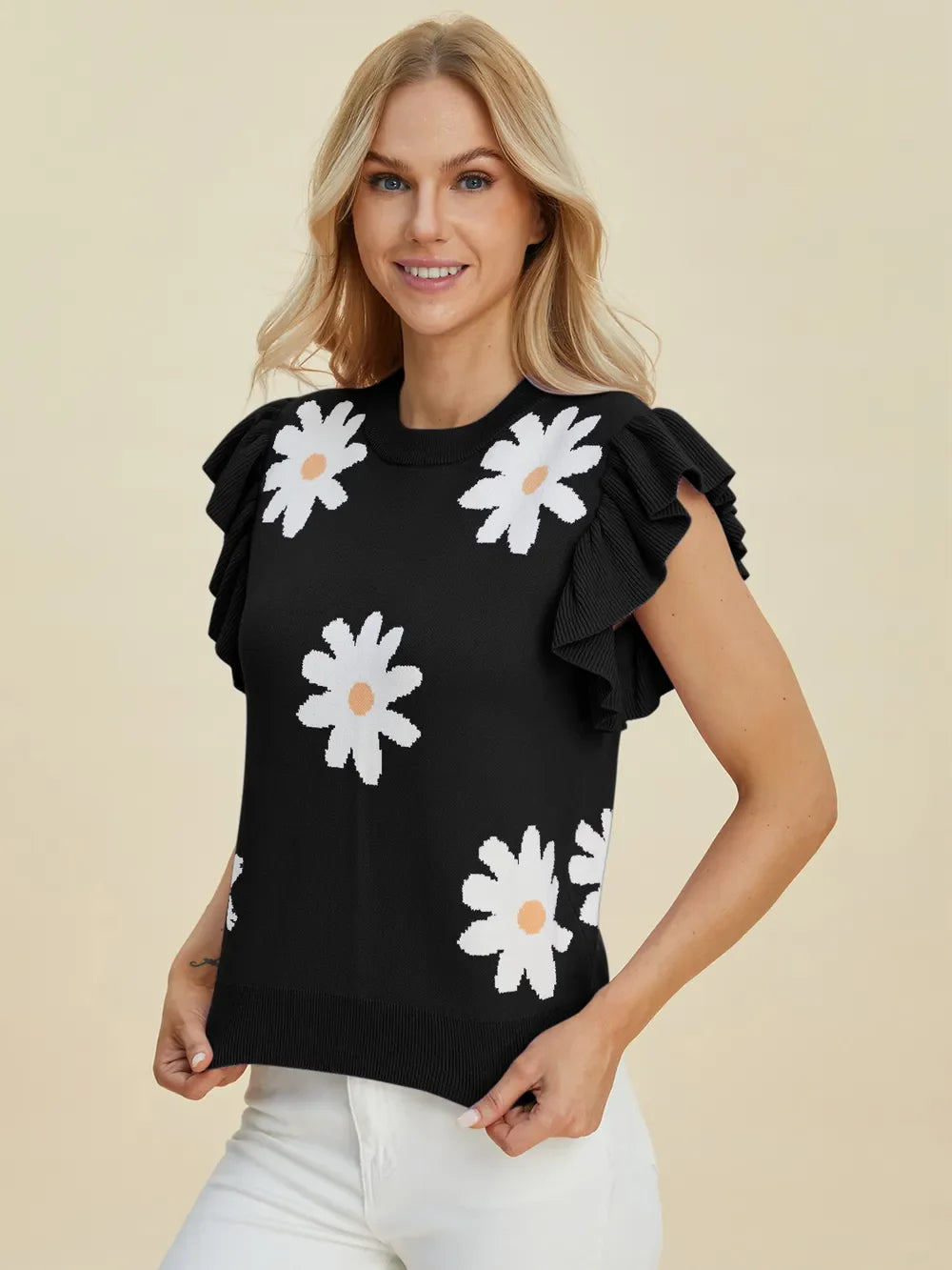 Double Take Full Size Ruffled Flower Round Neck Cap Sleeve Sweater New Era Fashion LLc