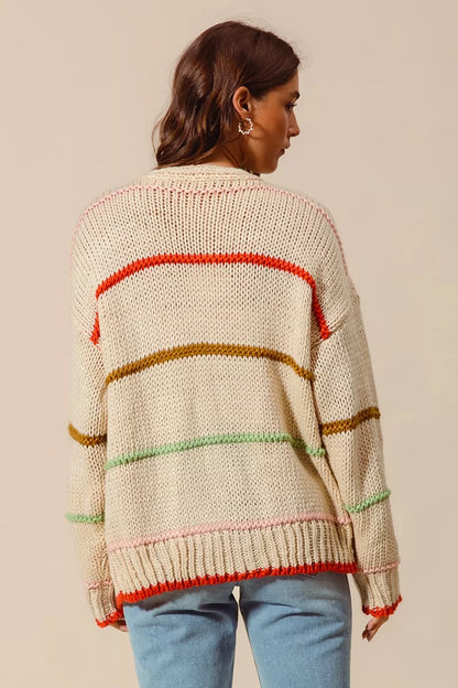 SO ME Loose Fit Multi Stripe Open Front Cardigan FitiqueFit