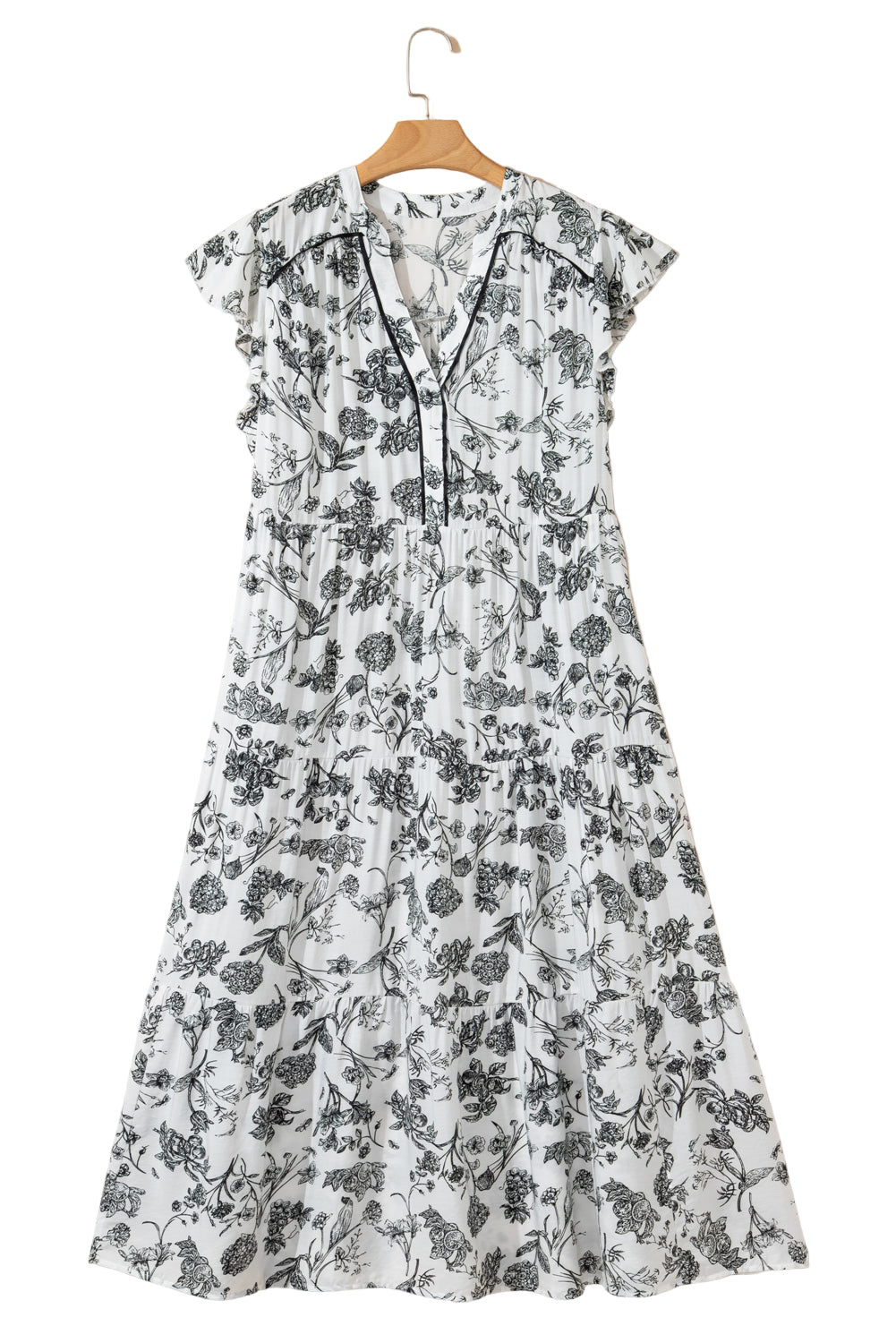 Black Floral Print Piping Trim Notched Neck Ruffle Sleeve Plus Size Long Dress Garden Naked Curves