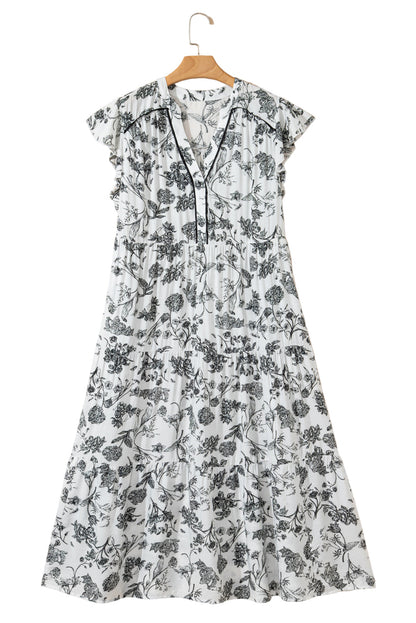 Black Floral Print Piping Trim Notched Neck Ruffle Sleeve Plus Size Long Dress Garden Naked Curves