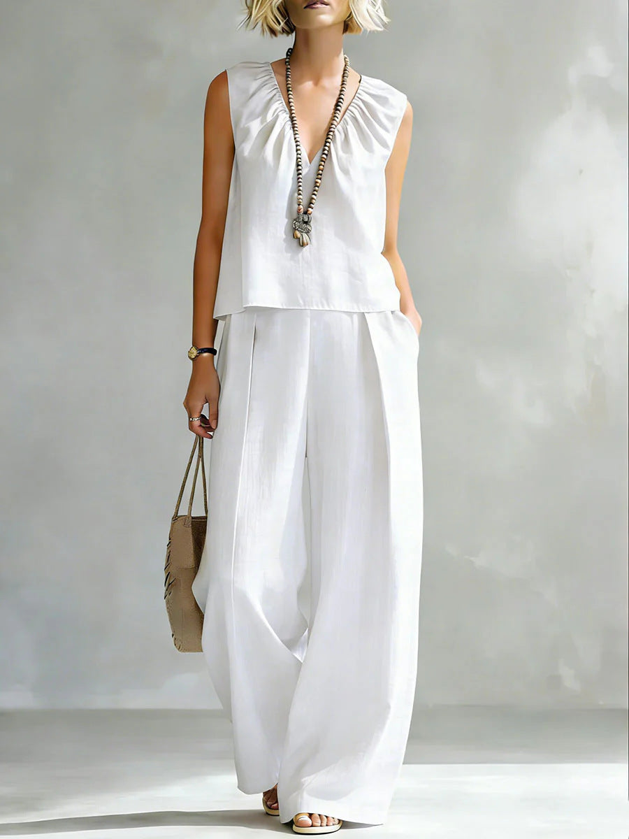 Women's Sleeveless Cotton-Linen Shirt & Pants Set – Urban 2-Piece FitiqueFit
