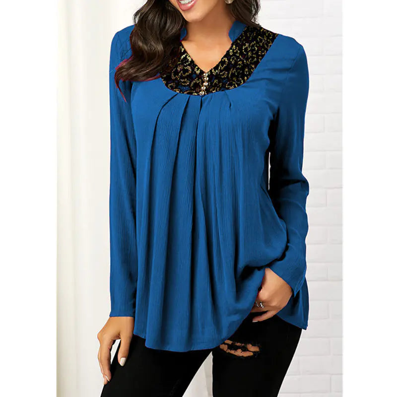 Printed V-neck Long Sleeve Lace Top.