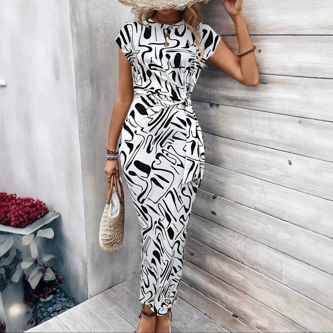 Elegant Waist Strap Striped Round Neck Short Sleeve And Long Pattern Dress Grayceful LLC