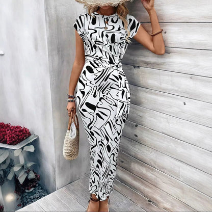 Elegant Waist Strap Striped Round Neck Short Sleeve And Long Pattern Dress Grayceful LLC