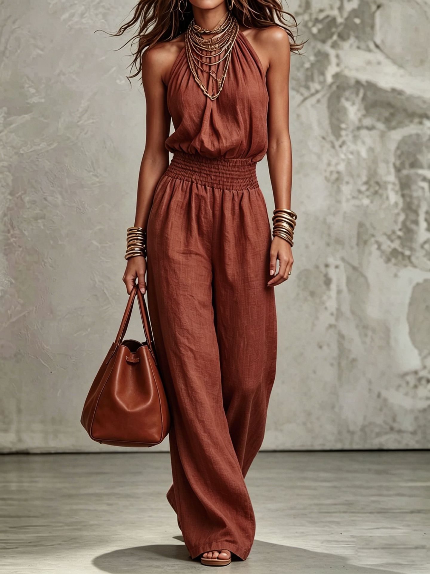 Women's Sleeveless Backless Lace-Up Halter Wide-Leg Jumpsuit FitiqueFit