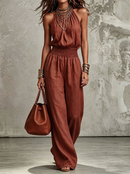 Women's Sleeveless Backless Lace-Up Halter Wide-Leg Jumpsuit FitiqueFit