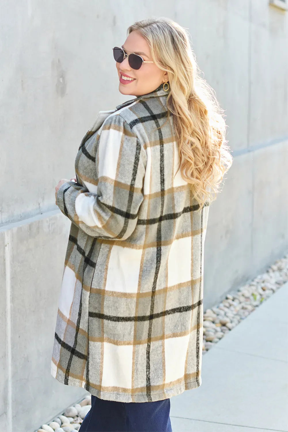 Double Take Full Size Plaid Button Up Lapel Collar Coat West2East Surf