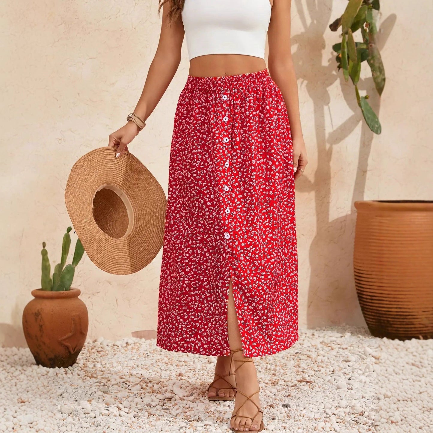 European And American Printed Breasted Self-tie Summer Pastoral A- Line Skirt Advanced Skirt Grayceful LLC
