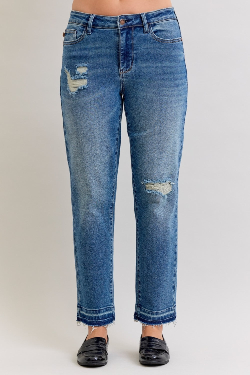 Judy Blue Full Size Mid Rise Bf Patch & Repair Destroy Release Hem Jeans Plus Size Garden Naked Curves