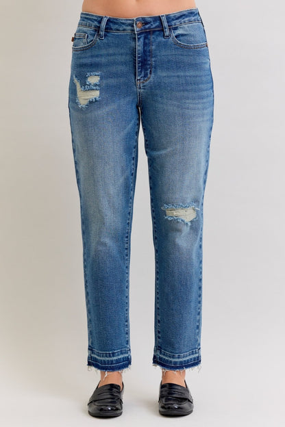 Judy Blue Full Size Mid Rise Bf Patch & Repair Destroy Release Hem Jeans Plus Size Garden Naked Curves