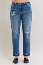 Judy Blue Full Size Mid Rise Bf Patch & Repair Destroy Release Hem Jeans Plus Size Garden Naked Curves
