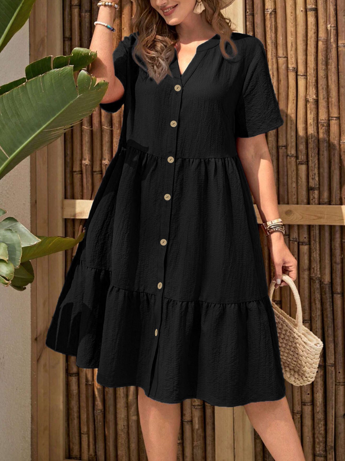 Plus-Size Button-Front V‑Neck Midi Dress FitiqueFit