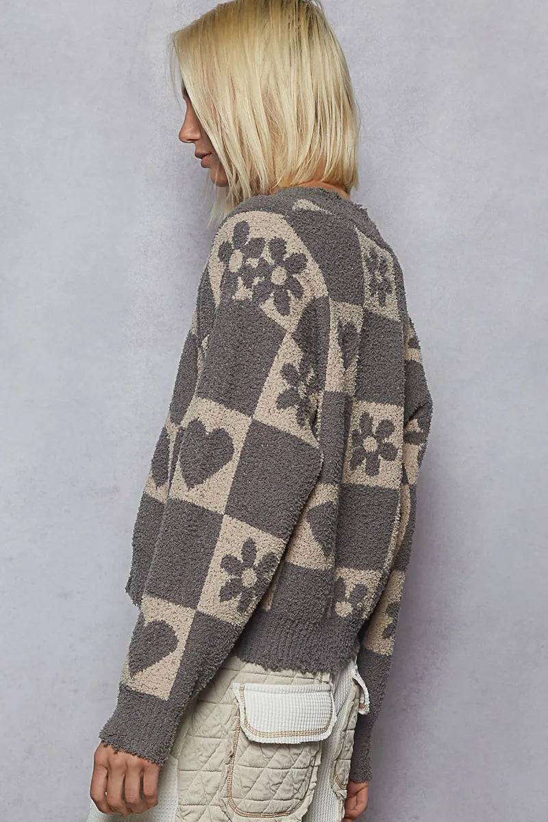 POL V-Neck Heart Pattern Checkered Sweater West2East Surf