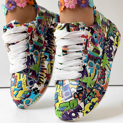 Round-Toe Thick-Sole Lace-Up Sneakers — Women’s Casual Print Shoes FitiqueFit