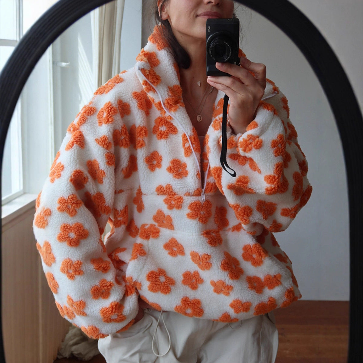 Winter Flowers Lambskin Sweatshirt Women | Cozy Zip-Up Pocket Pullover FitiqueFit