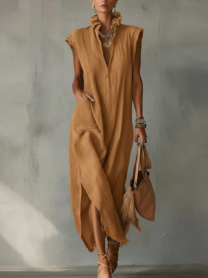 Women’s Cotton-Linen Sleeveless Solid-Color Shirt Dress FitiqueFit