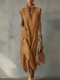 Women’s Cotton-Linen Sleeveless Solid-Color Shirt Dress FitiqueFit