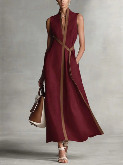 Women's Color Block Sleeveless Stand Collar Linen Blend Dress FitiqueFit