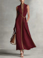 Women's Color Block Sleeveless Stand Collar Linen Blend Dress FitiqueFit