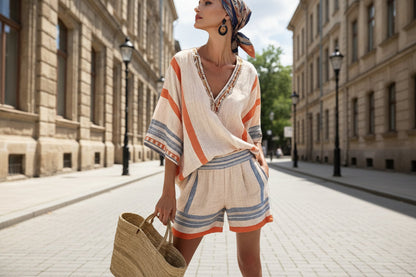 Women’s Linen Striped V Neck Top and Shorts Set FitiqueFit