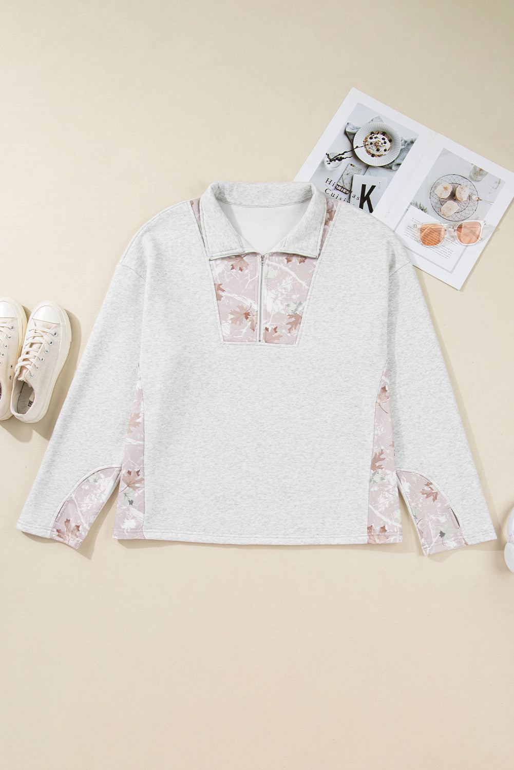 Gray Camo Leaves Patchwork Zipped Collar Pullover Plus Size Sweatshirt Garden Naked Curves
