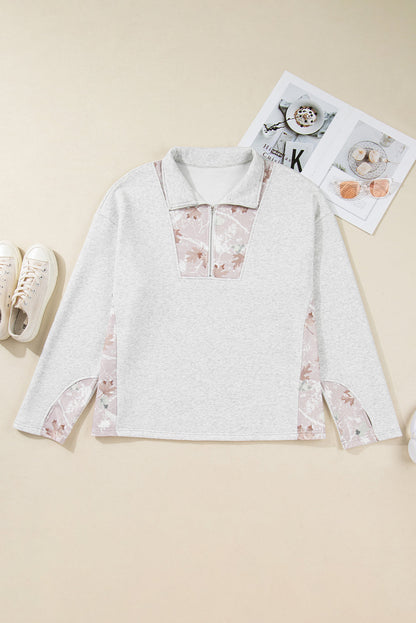 Gray Camo Leaves Patchwork Zipped Collar Pullover Plus Size Sweatshirt Garden Naked Curves