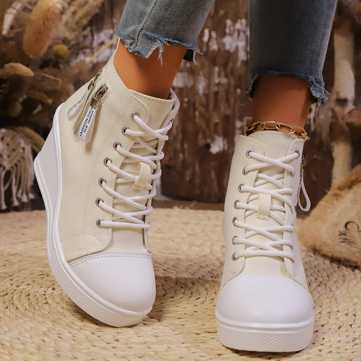 Women's Canvas Wedge Platform Lace-Up Sneakers FitiqueFit