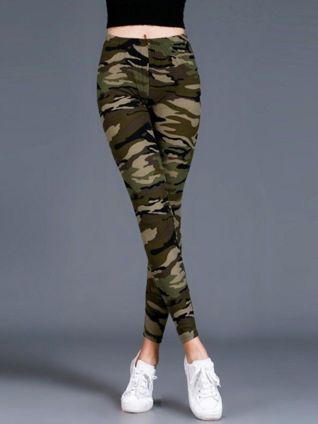 Camouflage Gray-Green Women's Casual Leggings, Cropped Length NovaCart