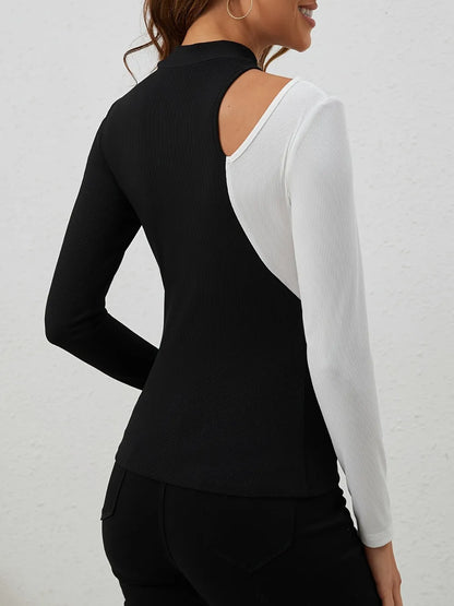 Cutout Contrast Mock Neck Long Sleeve T-Shirt New Era Fashion LLc