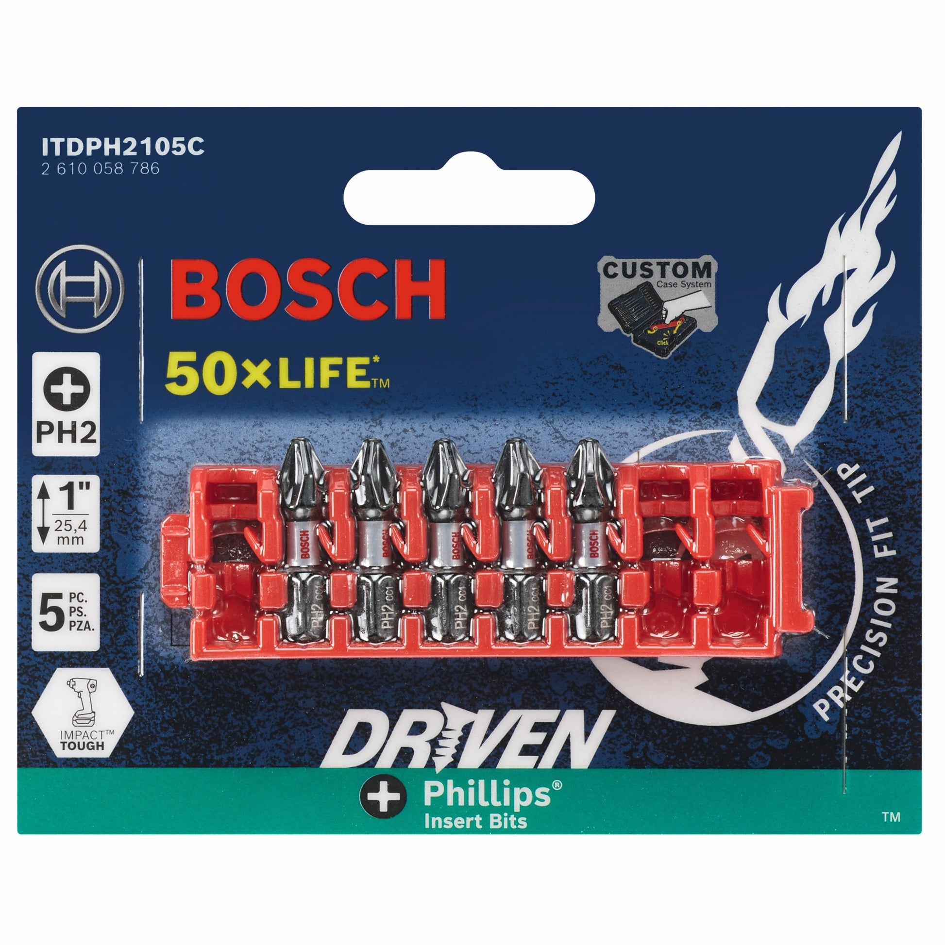 BOSCH ITDPH2105C 5 pc. Driven 1 In. Impact Phillips® #2 Insert Bits with Clip for Custom Case System VM Hardware