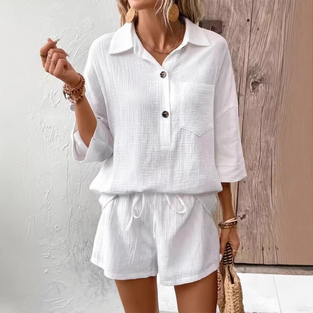 Women's Lapel Collar Double-Panel Shirt & Shorts Two-Piece Set FitiqueFit