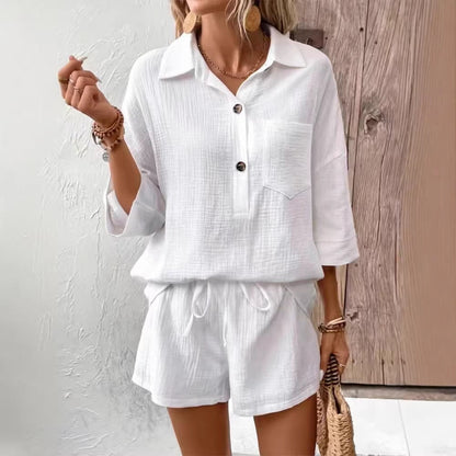 Women's Lapel Collar Double-Panel Shirt & Shorts Two-Piece Set FitiqueFit