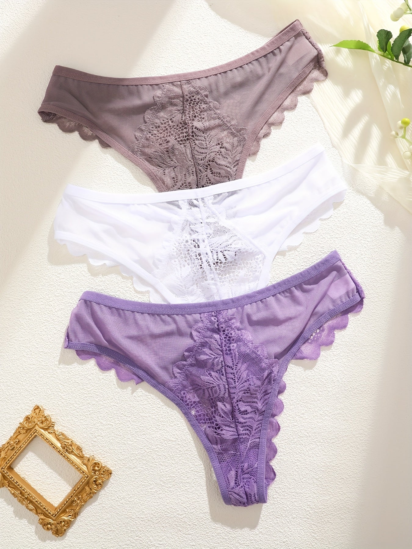 3pcs Women's Lace Thong Set, Sexy Semi-Sheer Panties NovaCart