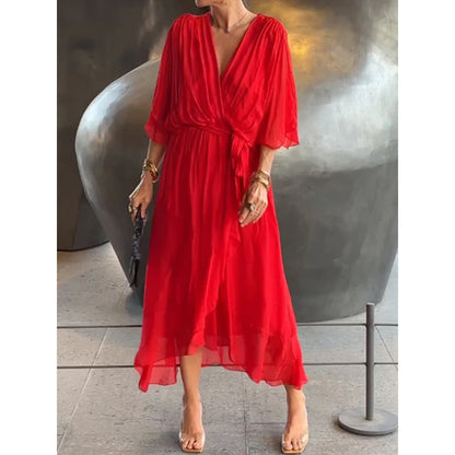 Batwing Sleeve V-Neck Midi Dress – Tied Irregular Hem Fairy Dress FitiqueFit