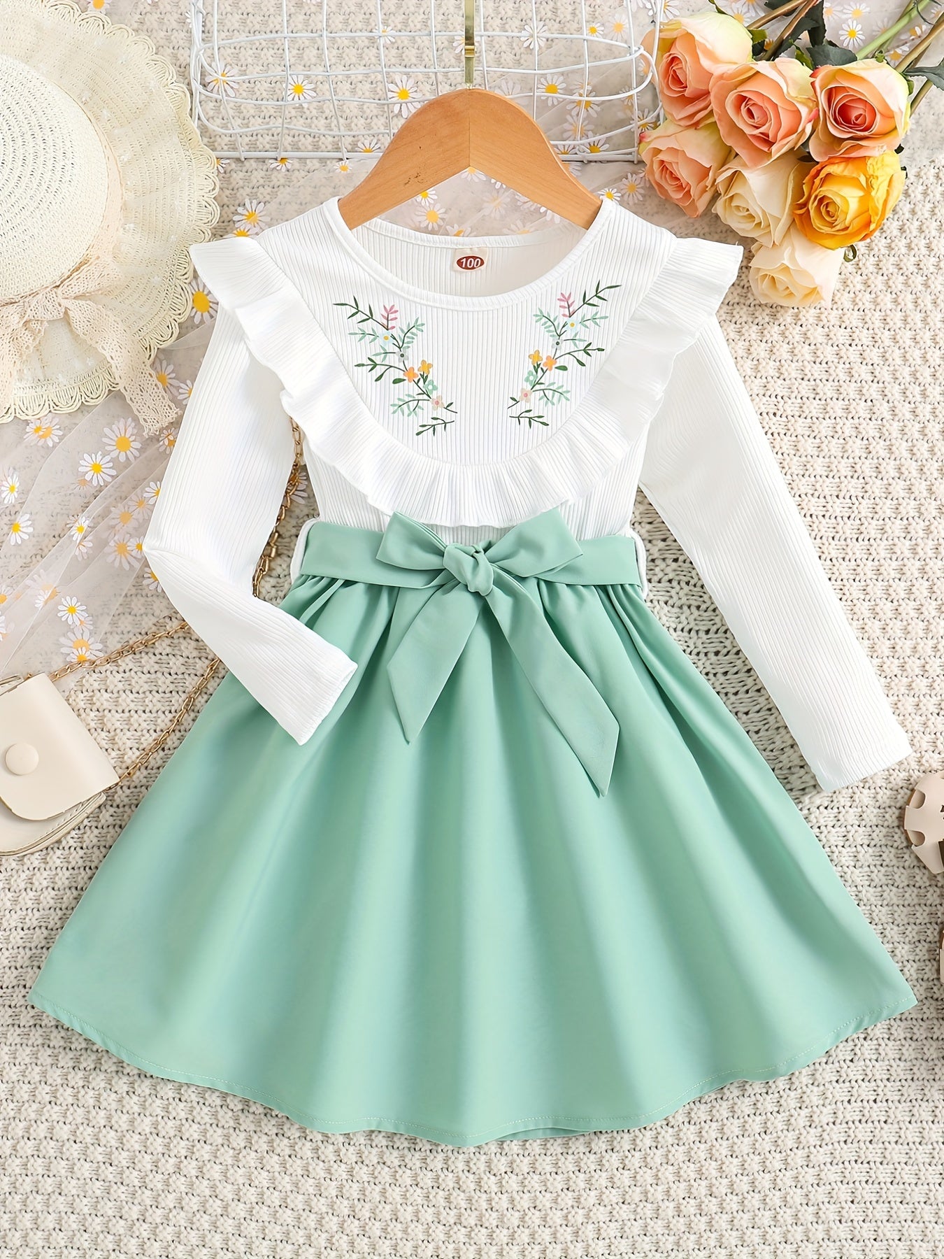 Girls' Elegant Floral Print Long Sleeve Dress with Ruffled Hem & Waist Tie - Knee-Length A-Line Skirt, Round Neck, Non-Stretch Fabric, All-Season Casual to Formal Outfits NovaCart