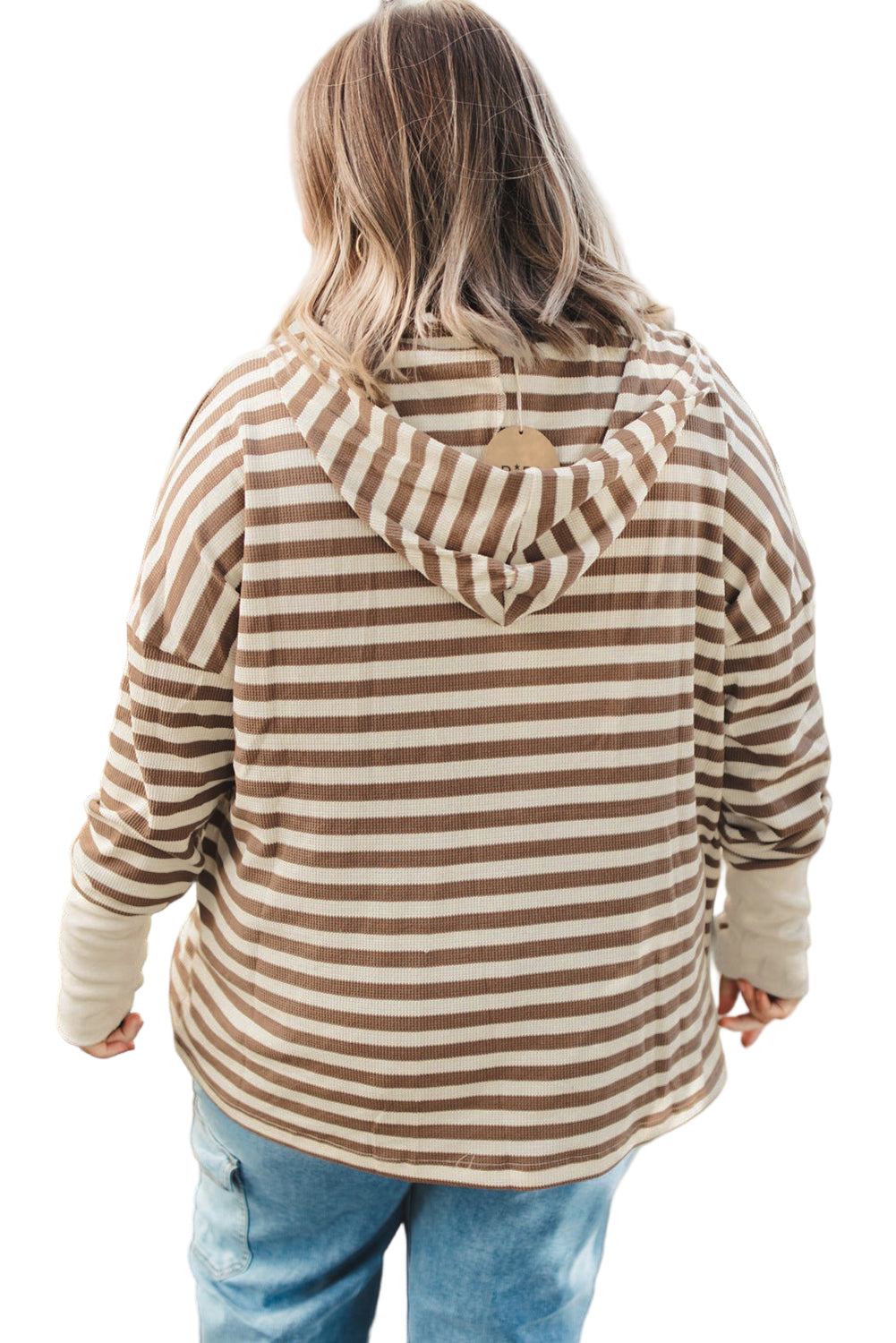 Brown Stripe Drop Sleeve Plus Size Henley Hoodie Garden Naked Curves