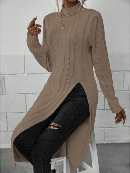 Women Crew Neck Long Sleeve Split Hem Minimalist Sweater Grayceful LLC