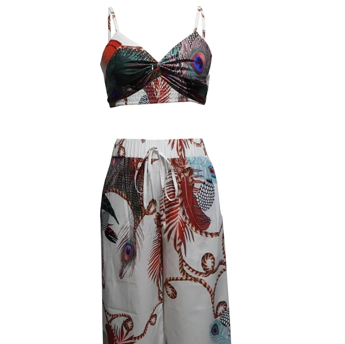Women's Feather Print Crop Top & Pants Set – 2-Piece Vacation Outfit FitiqueFit