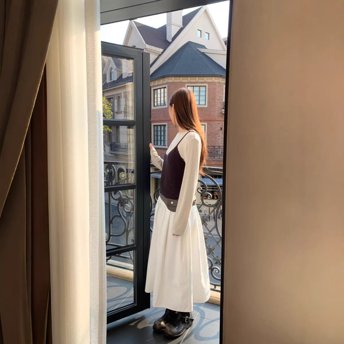 Relaxed A-Line Crushed Pleat Cotton Midi Skirt with Belt FitiqueFit